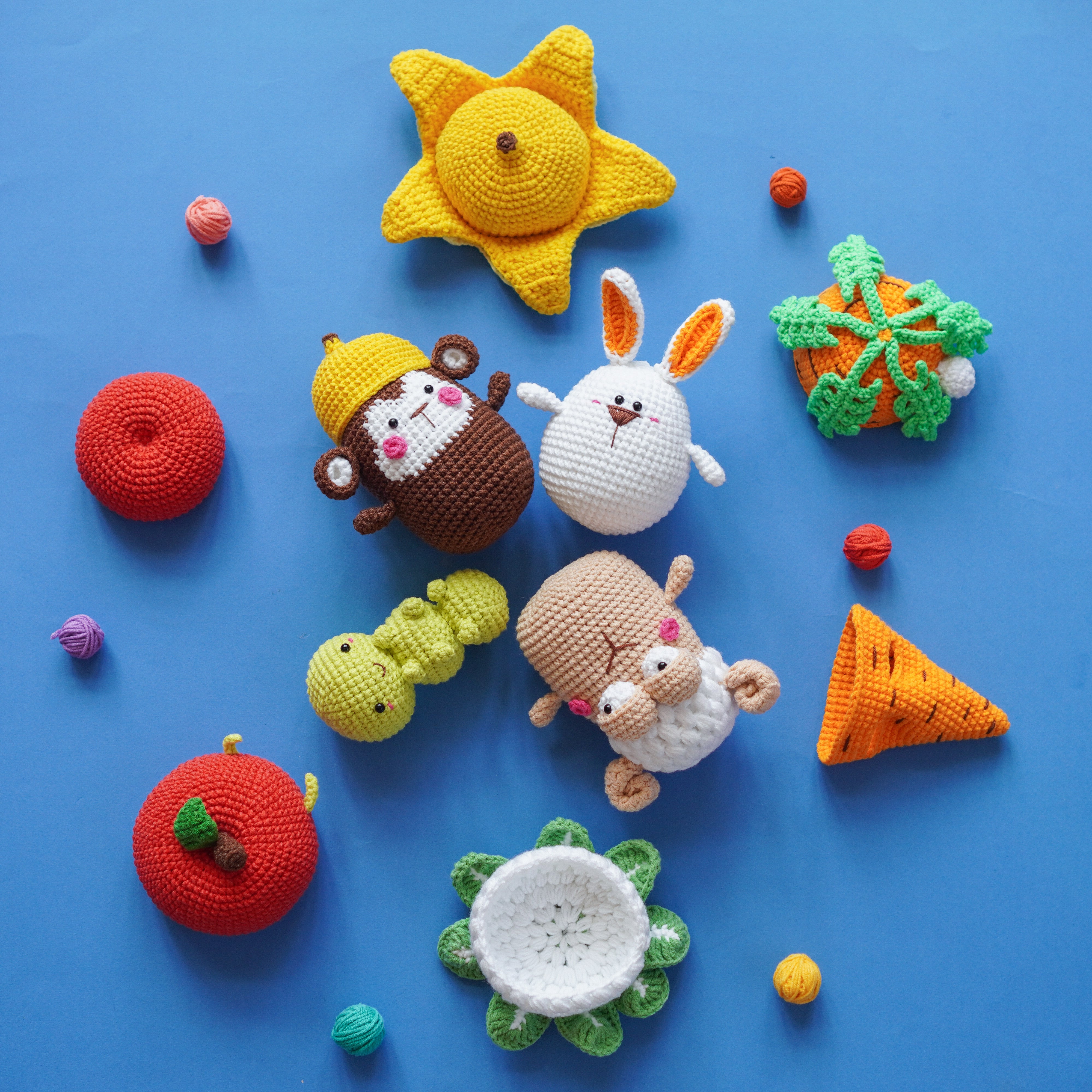 Vegetable Cosplay: Carrot Bunny, Cauliflower Sheep, Banana Monkey & Apple Worm Crochet Pattern by Aquariwool Crochet (Crochet Doll Pattern/Amigurumi Pattern for Baby gift)