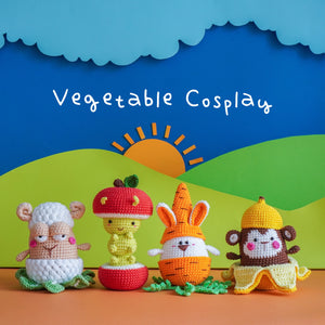 Cosplay de légumes : lapin carotte, mouton chou-fleur, singe banane et ver de pomme