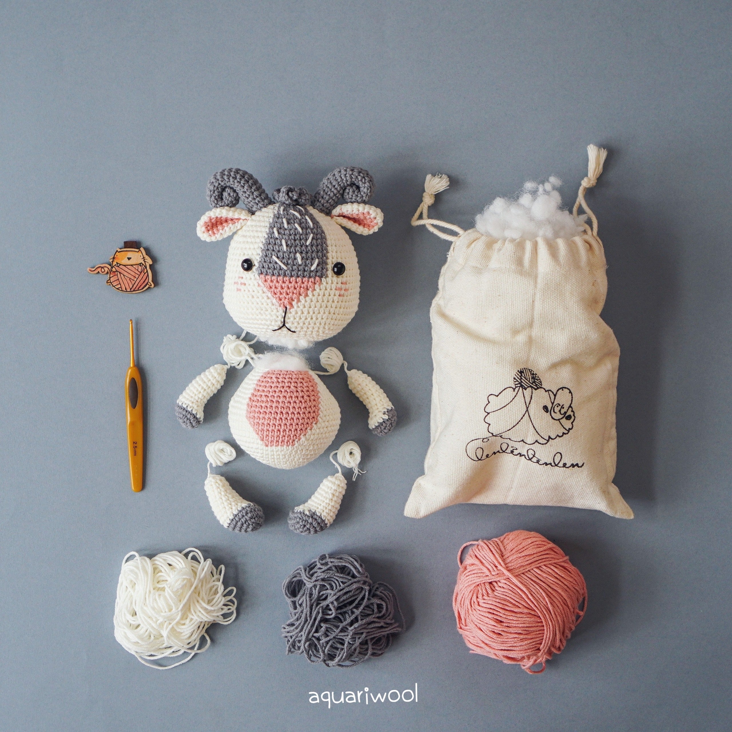 Gigi The Goat Crochet Pattern by Aquariwool Crochet (Crochet Doll Pattern/Amigurumi Pattern for Baby gift)